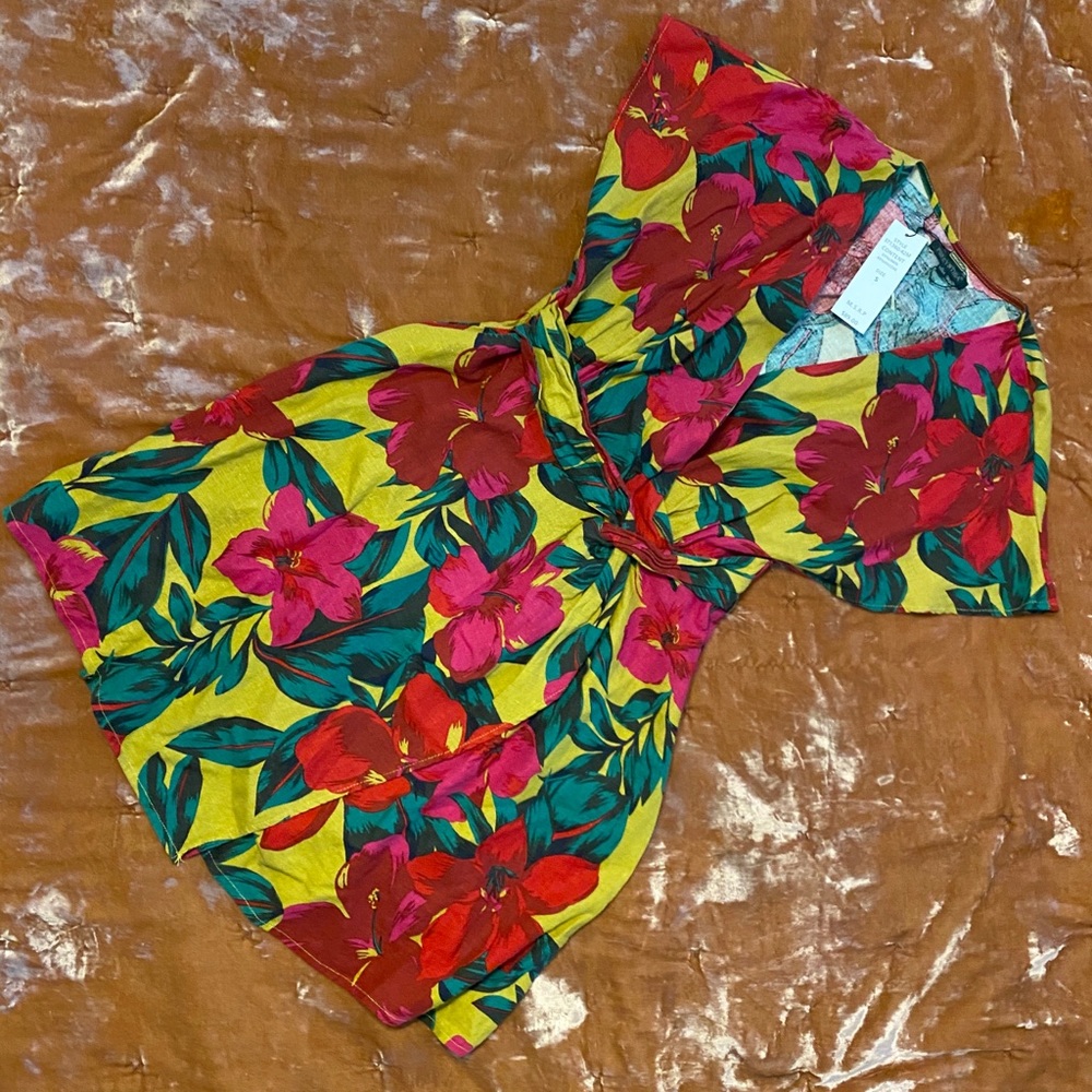 Tropical Print Linen Wrap Dress Never Worn